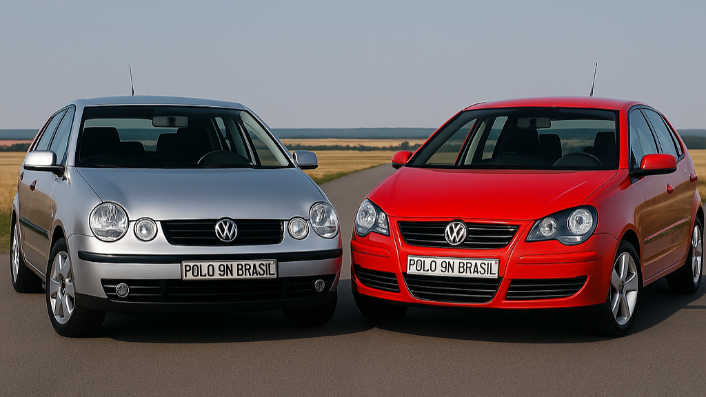 Volkswagen Polo 9N prata e Polo 9N3 vermelho alinhados lado a lado em uma estrada aberta, exibindo a placa personalizada POLO 9N BRASIL.
