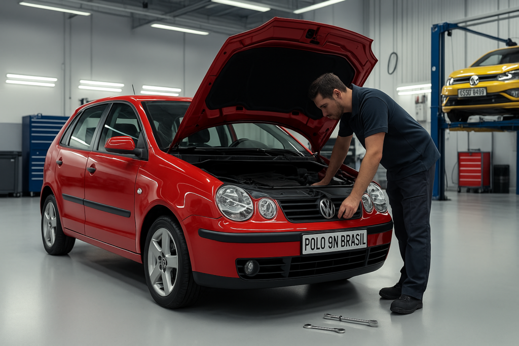 Mecânico examinando o motor de um Volkswagen Polo 9N vermelho dentro de uma oficina, com o capô aberto e ferramentas no chão, indicando realização de manutenção preventiva.