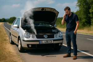 Motorista ao lado de um Volkswagen Polo 9N prateado com o capô aberto e fumaça saindo do motor, parado no acostamento enquanto fala ao telefone, indicando possível superaquecimento.