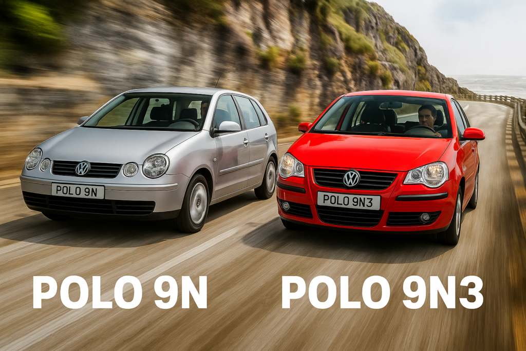 Imagem comparativa mostrando um Polo 9N prata e um Polo 9N3 vermelho lado a lado em movimento, destacando as diferenças de design entre as duas gerações.