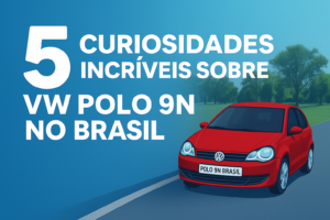Thumbnail ilustrada com fundo azul e o texto “5 curiosidades incríveis sobre VW Polo 9N no Brasil”, acompanhada de um Volkswagen Polo 9N3 vermelho desenhado com placa POLO 9N BRASIL.