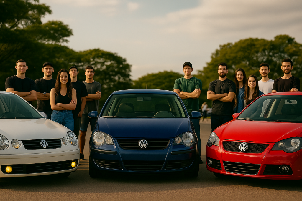 Grupo de pessoas posando atrás de três Volkswagen Polo — um 9N branco, um 9N3 azul e um 9N3 vermelho — alinhados em um estacionamento ao ar livre.
