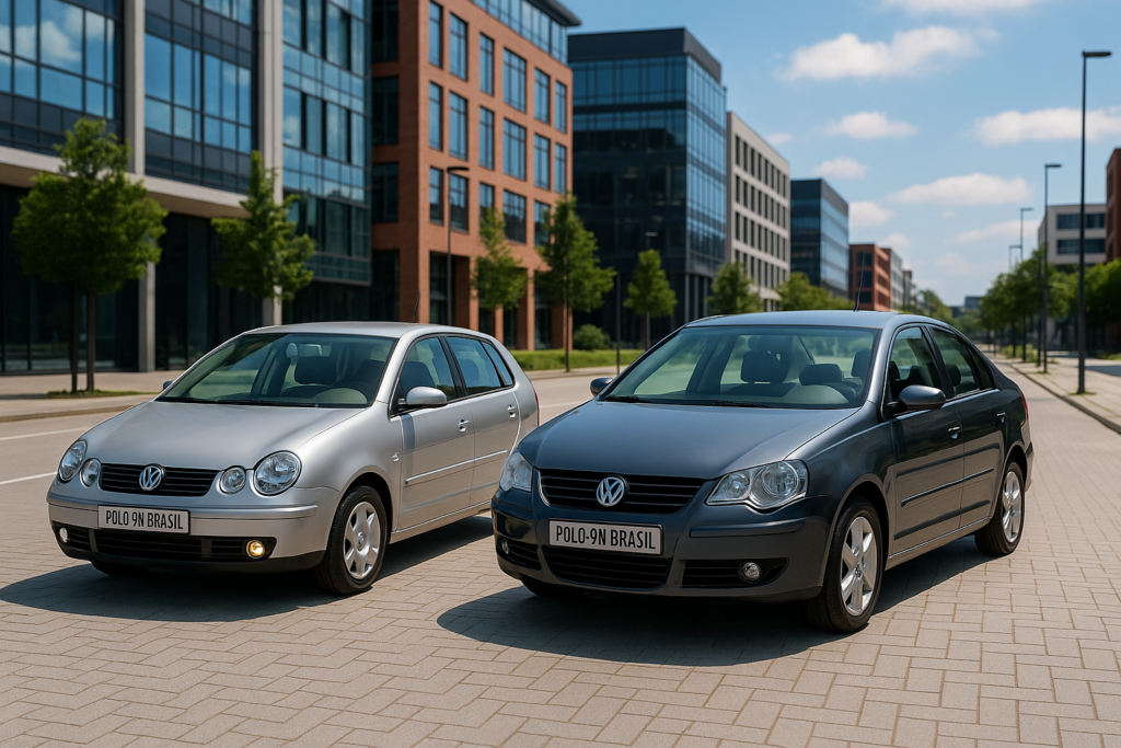 Imagem comparando Polo 9N hatch e sedan em ambiente urbano