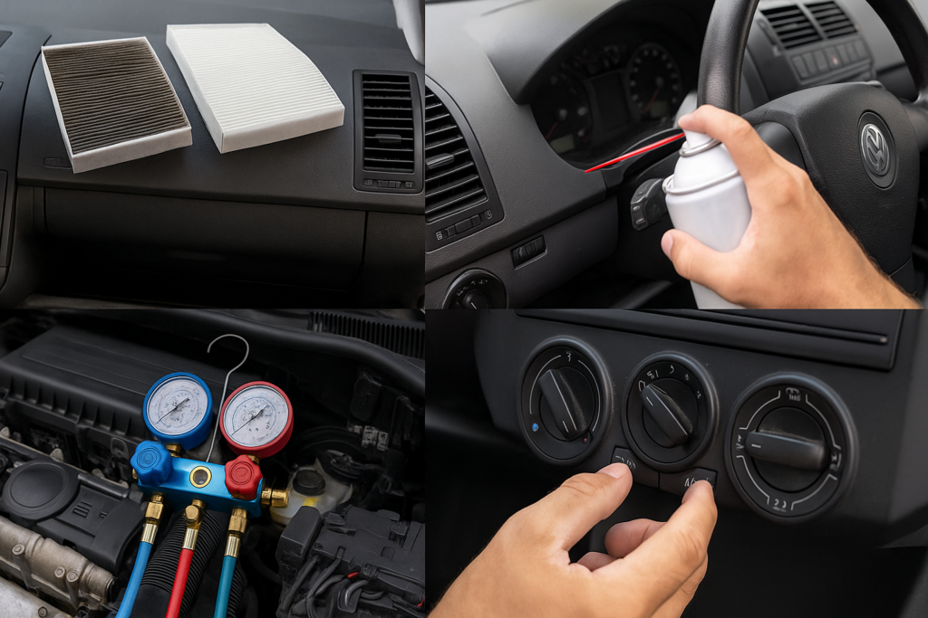 Montagem mostrando etapas da manutenção do ar-condicionado do Polo 9N: filtro de cabine limpo e sujo sobre o painel, aplicação de spray higienizador nos dutos internos, conjunto de manômetros sendo usado no motor para verificar gás refrigerante e ajuste dos controles do ar no painel.