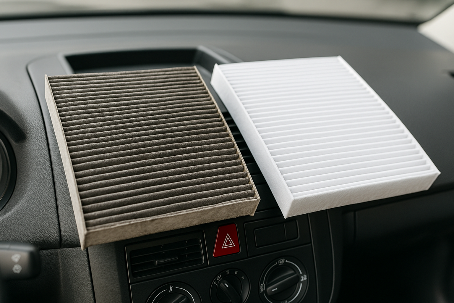 Filtro de cabine sujo e filtro novo no painel do Polo 9N