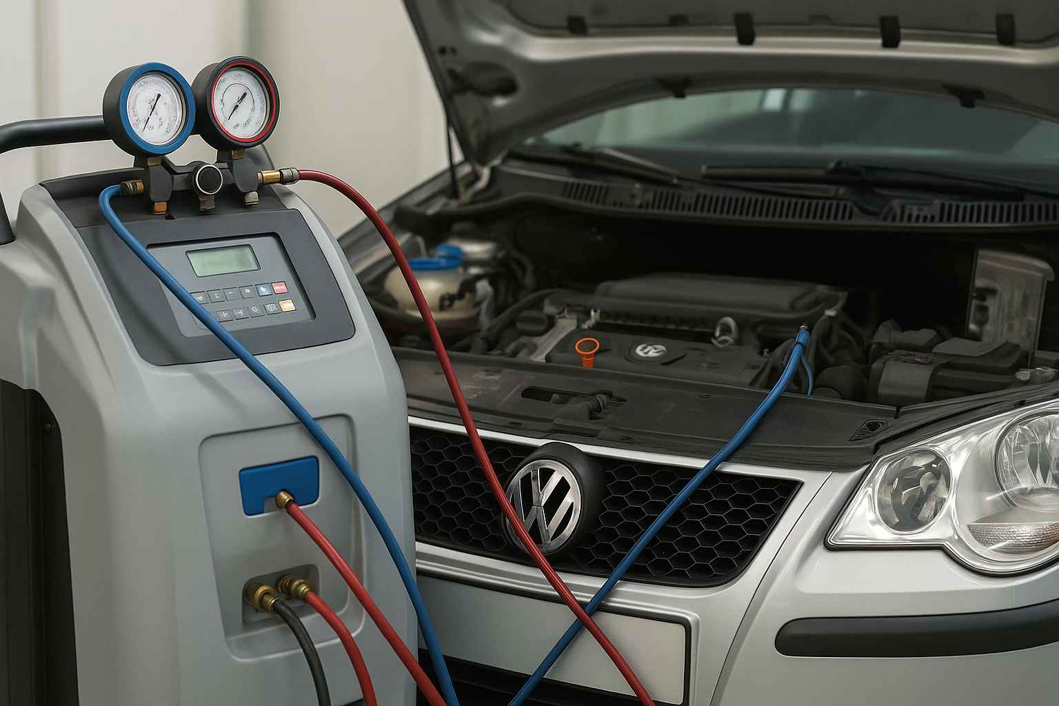 Estação de ar-condicionado automotivo realizando manutenção no Polo 9N