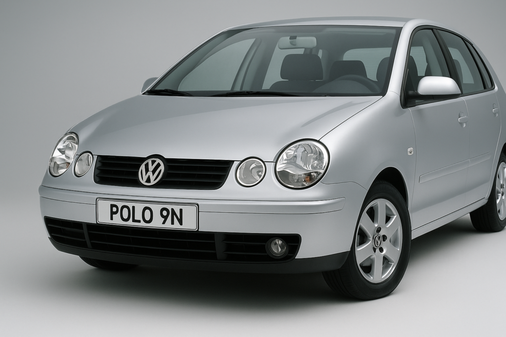 Imagem frontal de um Volkswagen Polo 9N prata em estúdio, destacando faróis redondos, grade com o símbolo da Volkswagen e rodas originais do modelo.