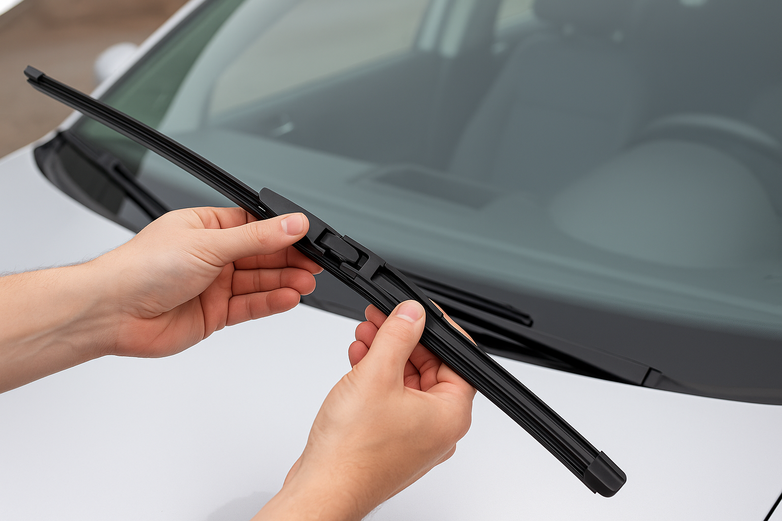 Mãos instalando uma palheta nova do limpador de para-brisa no Volkswagen Polo 9N, mostrando o encaixe no suporte sobre o vidro dianteiro