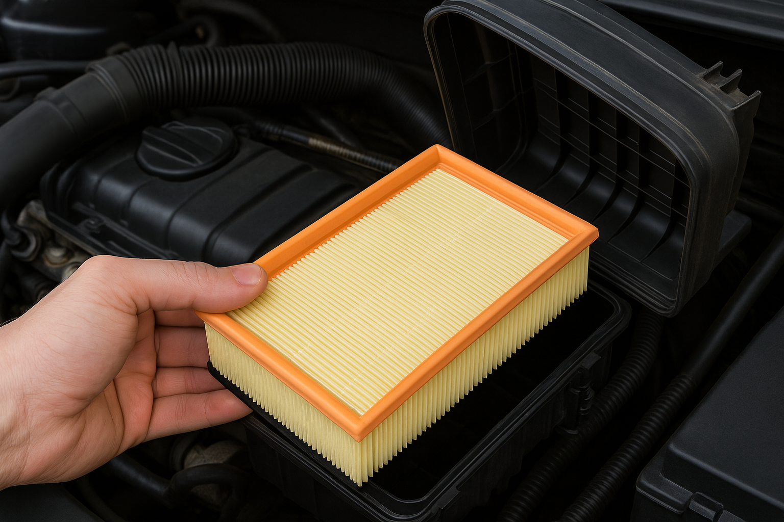 Filtro de ar novo sendo instalado na caixa do filtro do motor de um Volkswagen Polo 9N, com a tampa aberta e o elemento encaixado corretamente