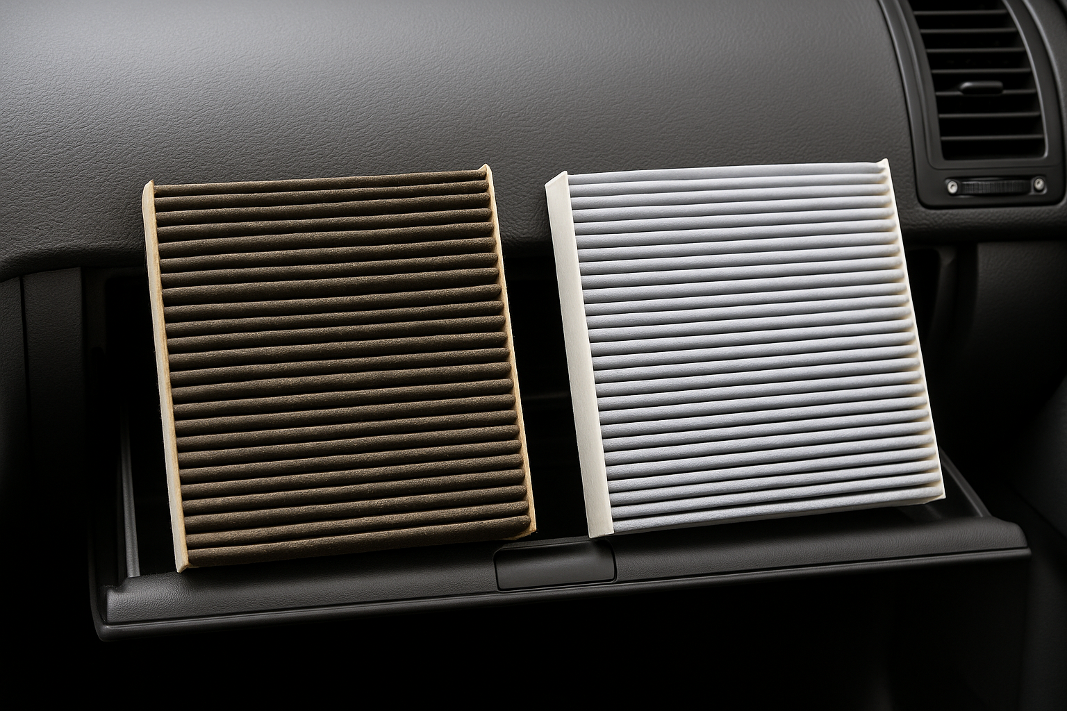 Filtro de cabine sujo ao lado de um filtro novo, ambos posicionados sobre o porta-luvas aberto de um Volkswagen Polo 9N, destacando a diferença de cor e condição
