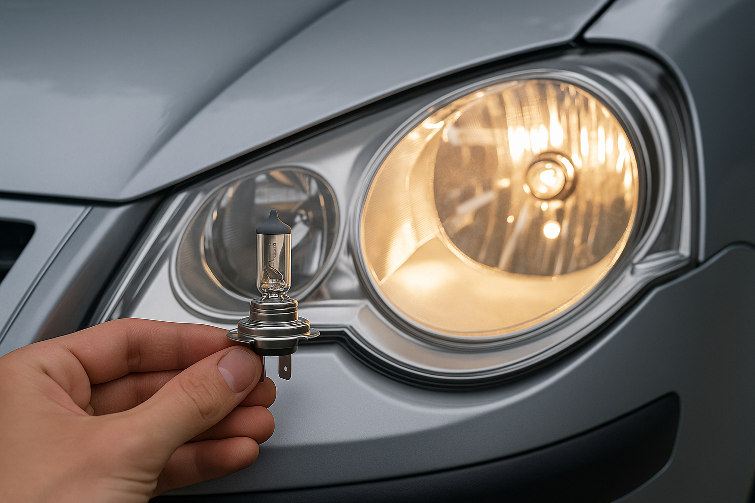 Mão segurando uma lâmpada automotiva halógena em frente ao farol aceso de um Volkswagen Polo 9N, destacando o encaixe e o refletor iluminado ao fundo