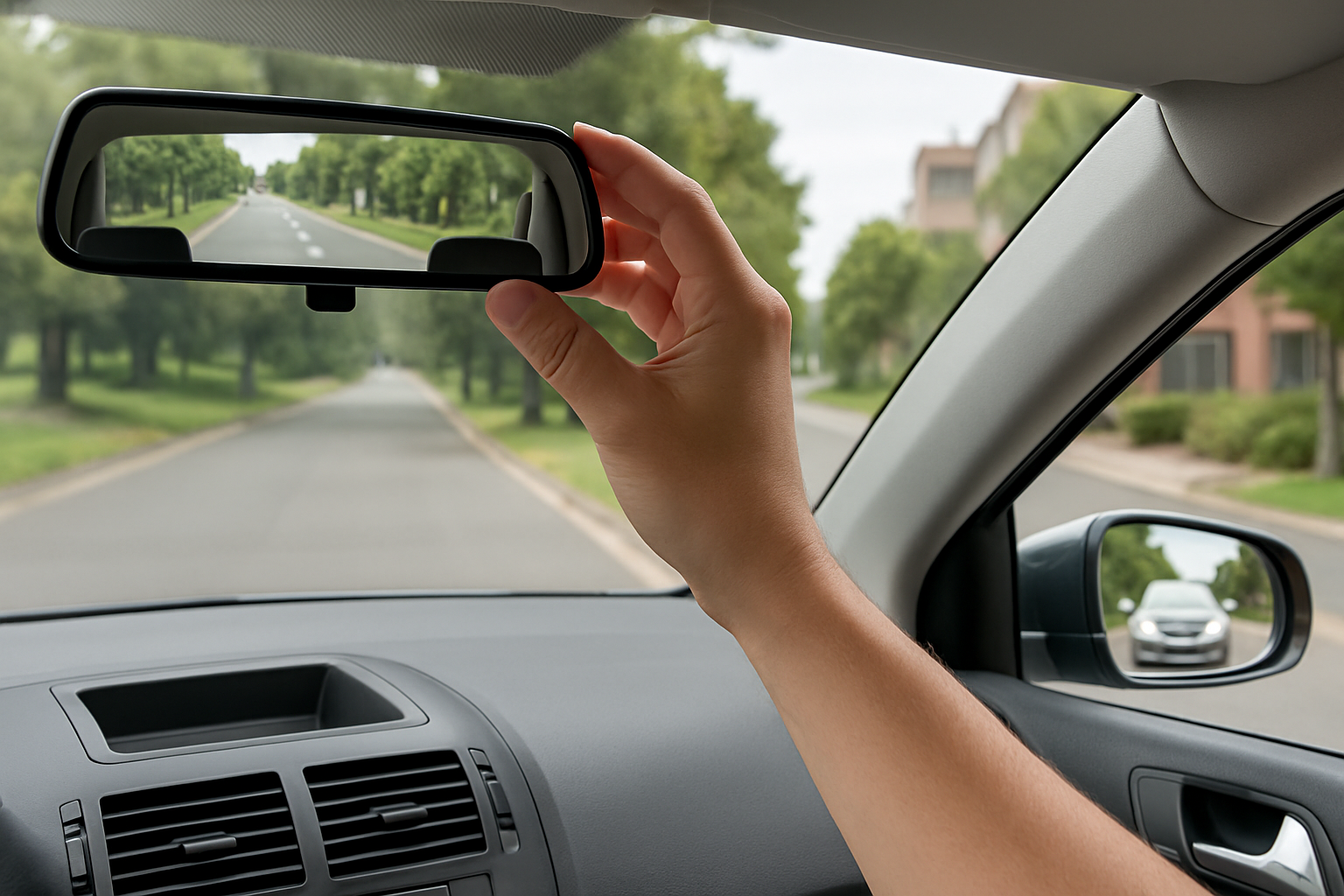 Motorista ajustando manualmente o retrovisor interno do Volkswagen Polo 9N, com visão da estrada ao fundo e parte do painel e retrovisor lateral visíveis