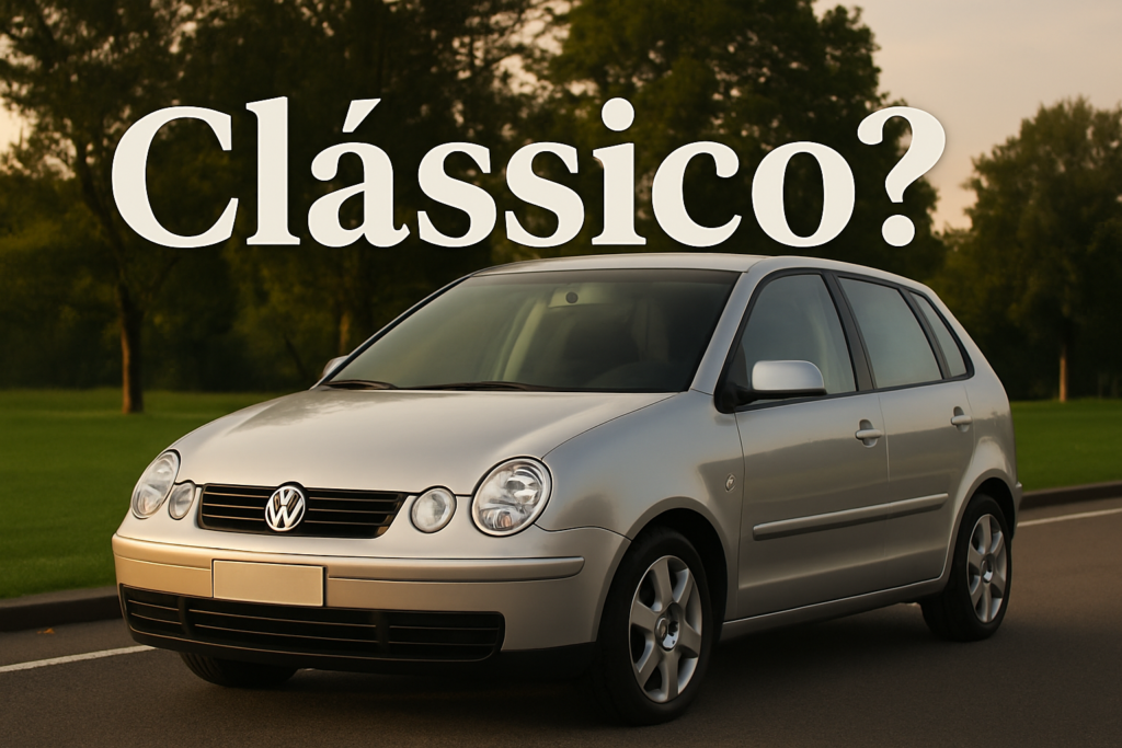 Volkswagen Polo 9N prata estacionado em uma rua ao entardecer, com árvores ao fundo e a palavra “Clássico?” escrita grande sobre a imagem.