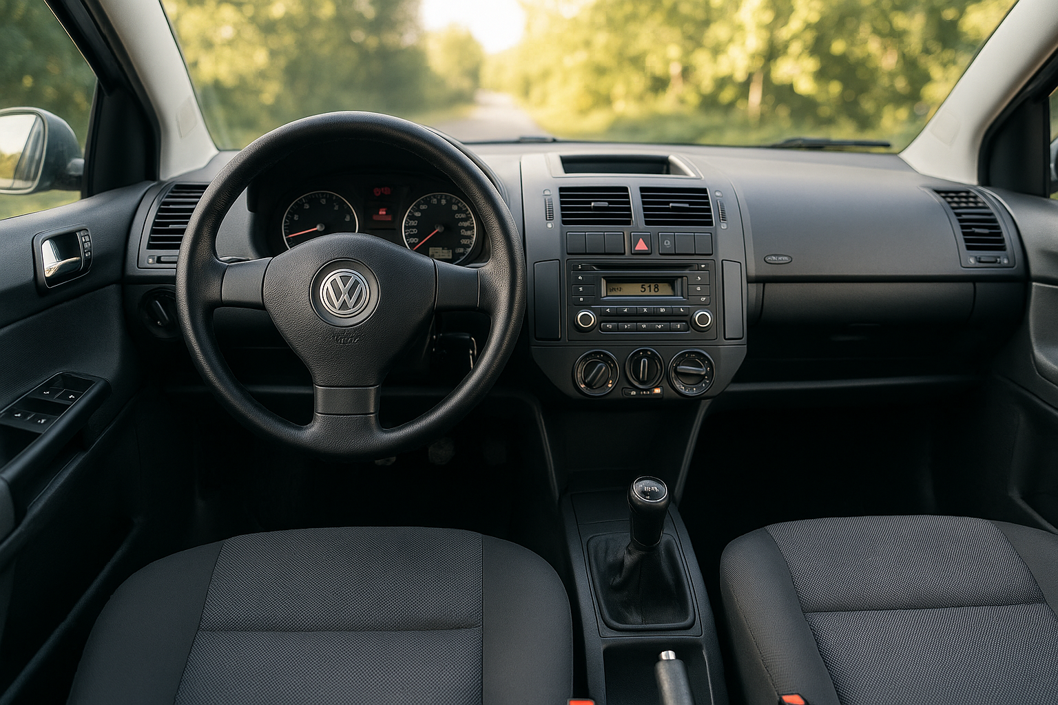 Interior do Volkswagen Polo 9N visto de frente, mostrando volante, painel central, rádio original e comandos do ar-condicionado