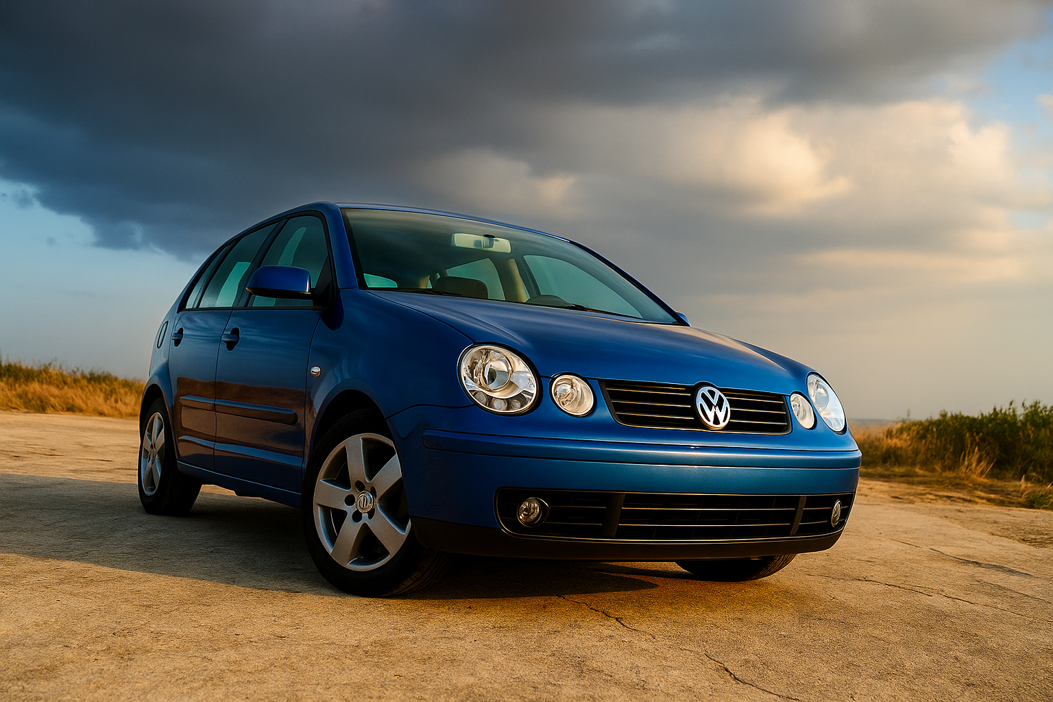 Volkswagen Polo 9N azul visto de frente em ambiente externo, destacando o design sóbrio e as proporções equilibradas da carroceria