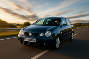 Volkswagen Polo 9N azul em movimento na estrada ao pôr do sol, com motorista visível e placa personalizada POLO 9N BRASIL