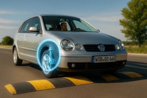 Volkswagen Polo 9N prata passando sobre lombada com destaque visual na suspensão dianteira e amortecedor em funcionamento durante a condução