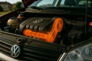 Detalhe do motor do Volkswagen Polo 9N com a correia dentada destacada em laranja, mostrando o sistema de sincronismo e seu funcionamento interno
