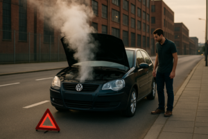 Volkswagen Polo 9N com capô aberto soltando fumaça no motor, motorista ao lado do carro e triângulo de sinalização na via indicando pane mecânica