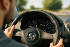 Painel do Volkswagen Polo 9N com luz EPC acesa no velocímetro, indicando possível falha no sistema eletrônico do motor enquanto o motorista dirige.
