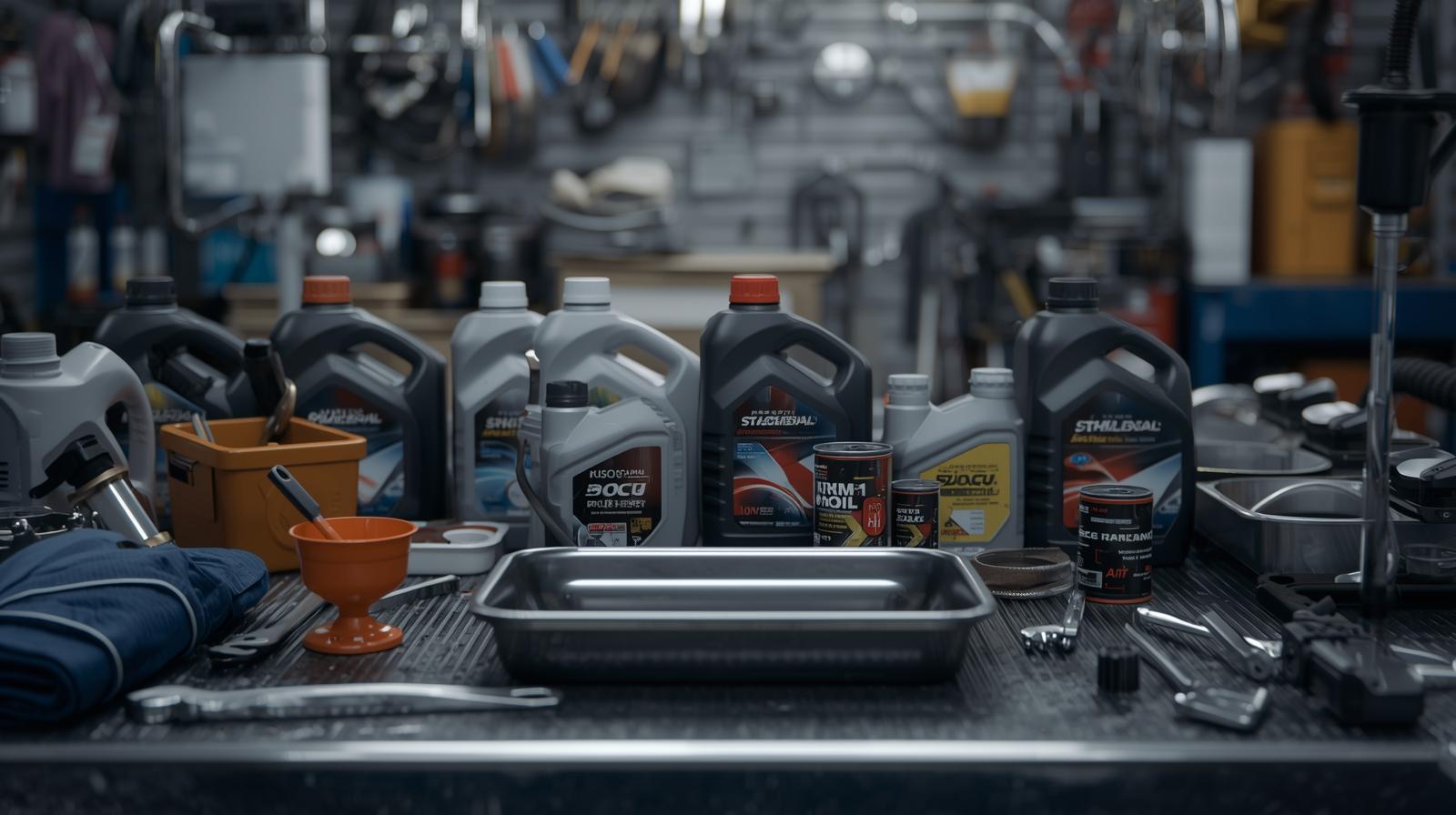Mesa de oficina mecânica repleta de galões de óleo, funil, bandeja coletora, chaves e ferramentas usadas na manutenção do Polo 9N.