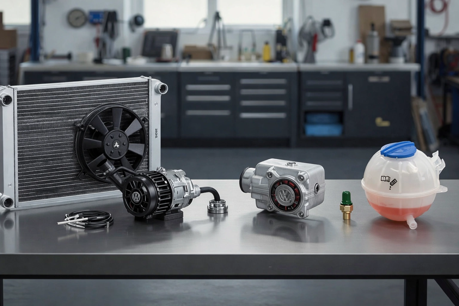 Componentes do sistema de arrefecimento do Volkswagen Polo 9N: radiador, bomba d’água, válvula termostática, sensor de temperatura e reservatório de expansão